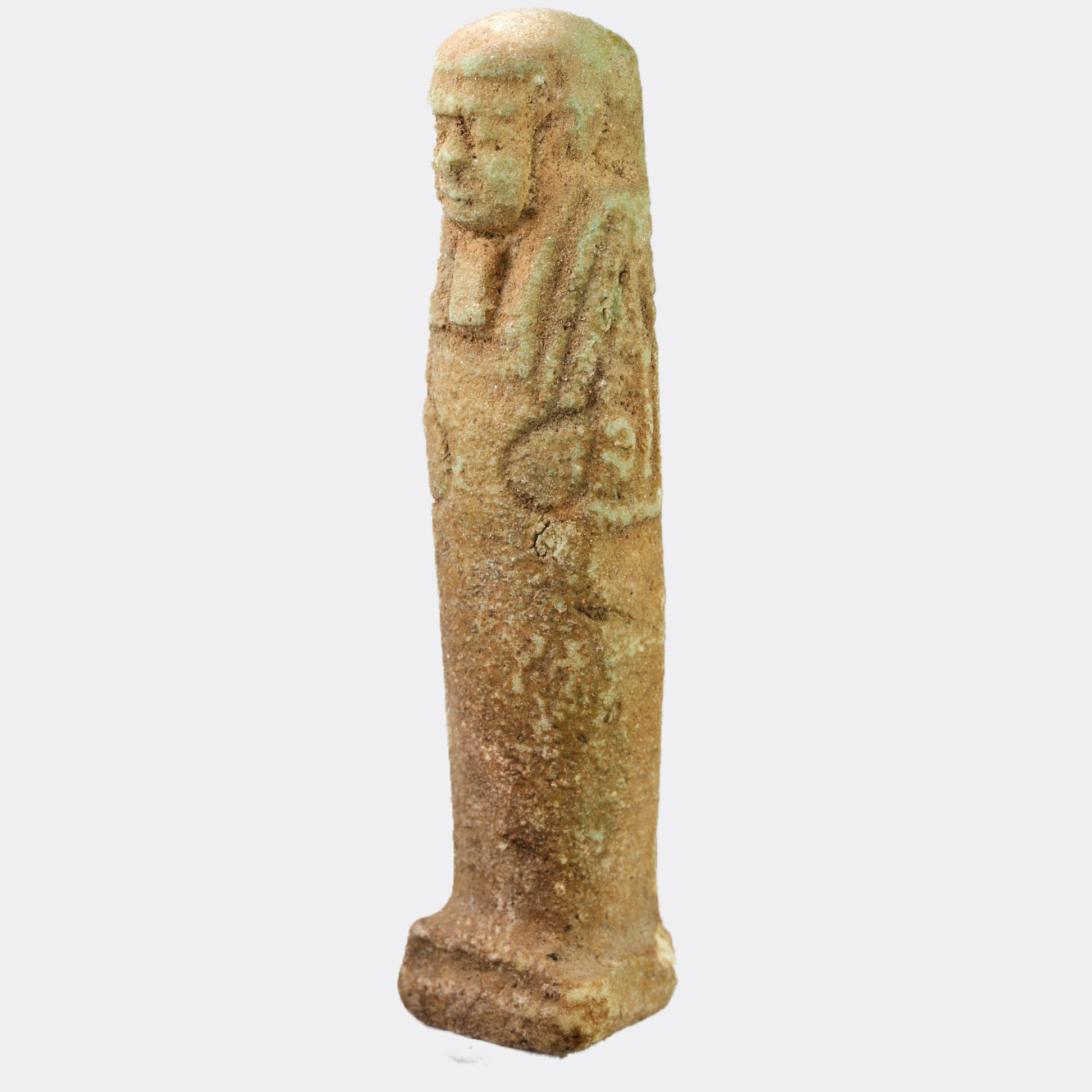 Faience shabti — three-quarter view